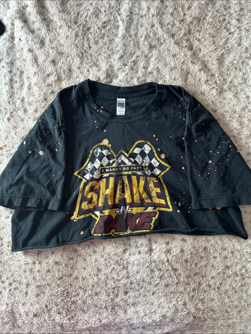 American Apparel Black Graphic 'SHAKE' Crop Tee with Yellow and Red Print